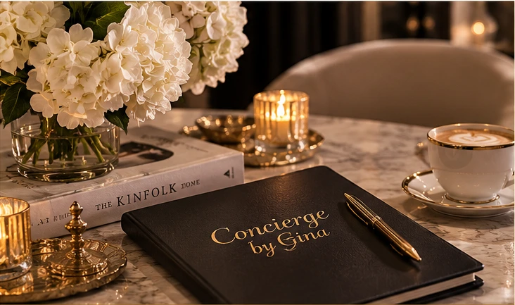 Elegant marble table with fresh white flowers, candlelight, coffee and a concierge notebook